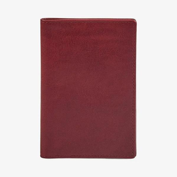 Front view of Bordeaux leather passport holder on a white background