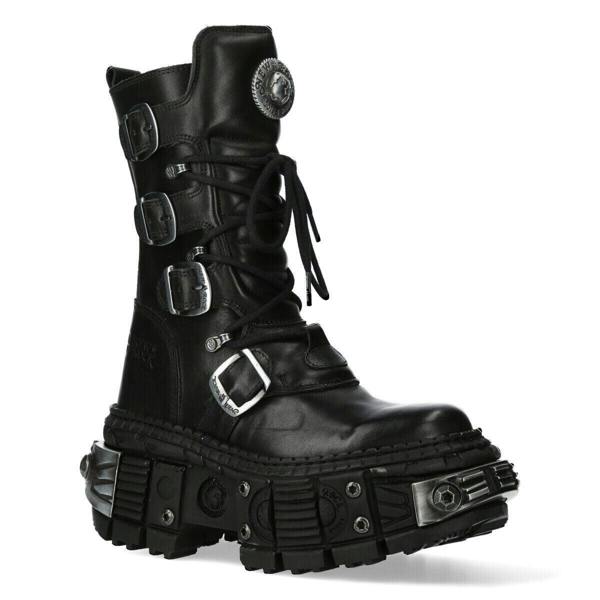 New Rock Black Mid Calf Leather Goth  Boots-WALL1473-S11