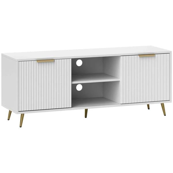 White modern TV stand cabinet with two open shelves and two side doors, gold legs.