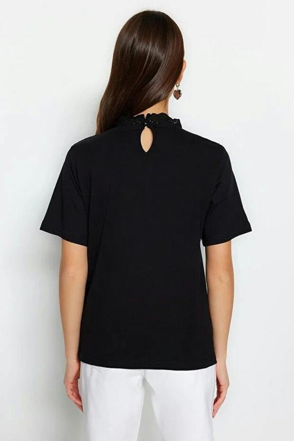WOVCOR Embroidered High Neck Basic Regular Fit Cotton Knit Blouse