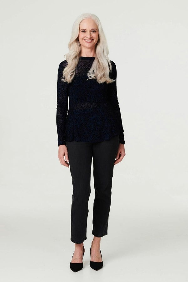 Navy | Sheer Lace Long Sleeve Peplum Top