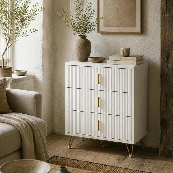 Wyld Haus Tempette Wood White And Gold Tone Elegant 3 Ribbed Drawer Storage Chest