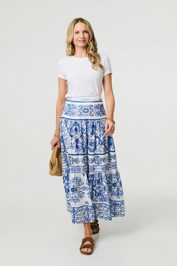 Blue | Mosaic Print High Waist Tiered Maxi Skirt
