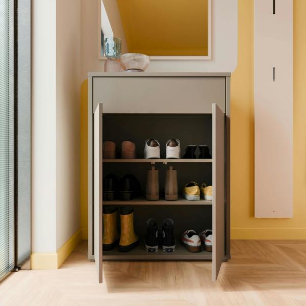 Furniture To Go Alice Springs Compact Shoe Cabinet with 2 Doors Push-to-Open & 1 Drawer Push-to-Open in Taupe