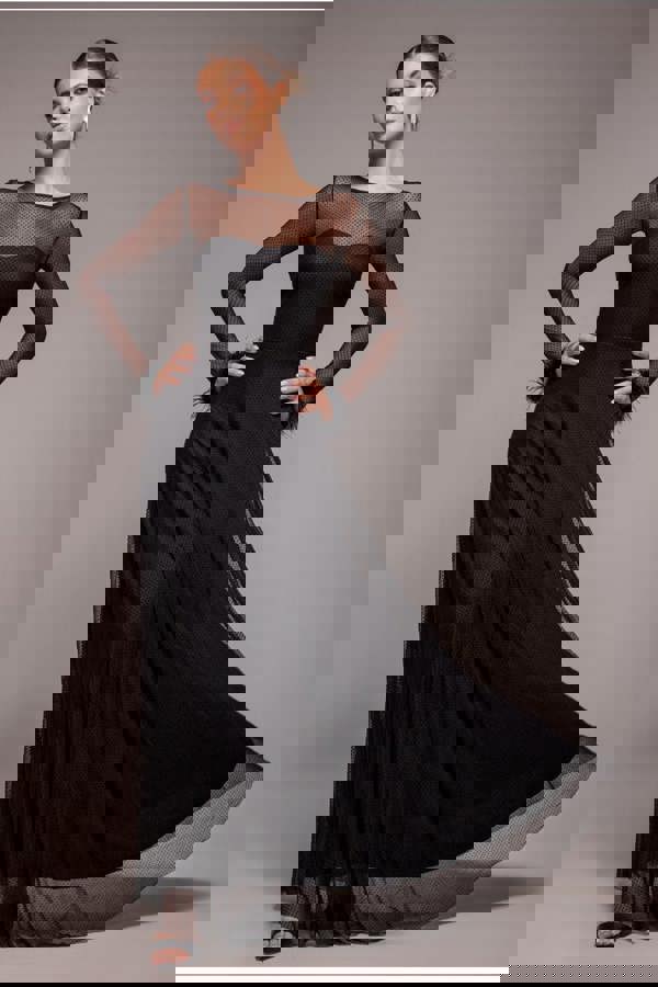 Dobby Mesh Feather Sleeve Hem Maxi Dress - Black DR4046