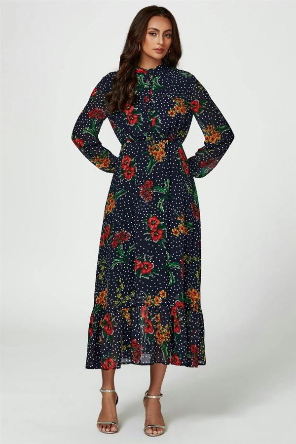 FS Collection Floral Dot Print Maxi Dress In Navy