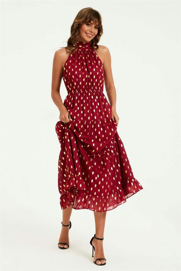 FS Collection Gold Foil Halter Neck Tie Back Midi Dress In Wine