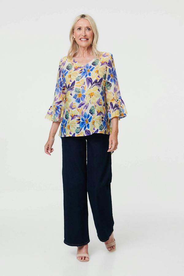 Blue | Floral Flare 3/4 Sleeve Relaxed Blouse