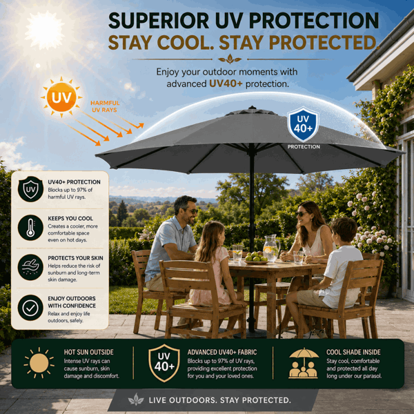 GlamHaus Garden Parasol Table Umbrella 2.7M Crank Handle, UV40 Protection, Includes Protection Cover, Robust Steel - Dark Grey
