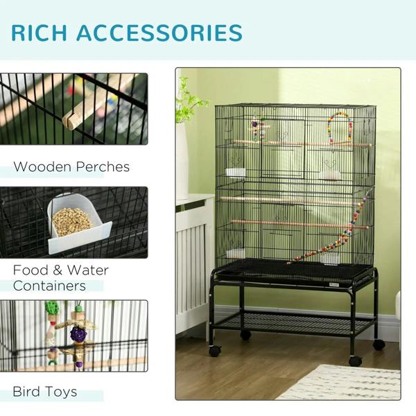 Black bird cage with wooden perches, food and water containers, and bird toys