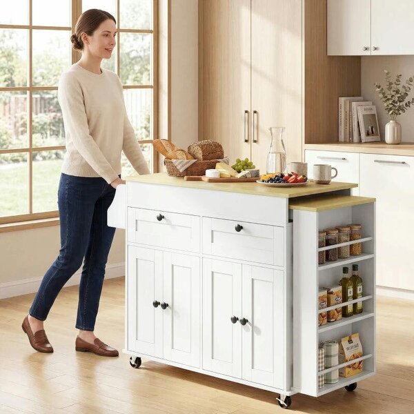 Rolling Kitchen with Expandable Top, Kitchen Island on Wheels with USB Ports & Power Outlets, Storage, White