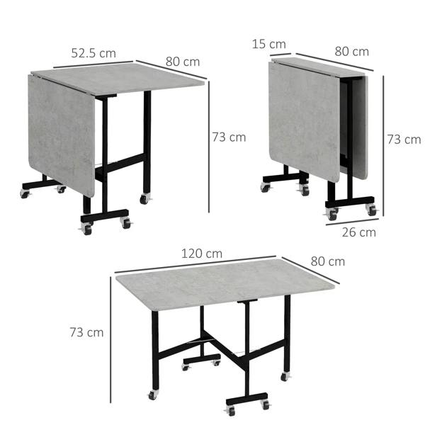 Grey marble-effect drop-leaf folding table with black frame and caster wheels; size shown