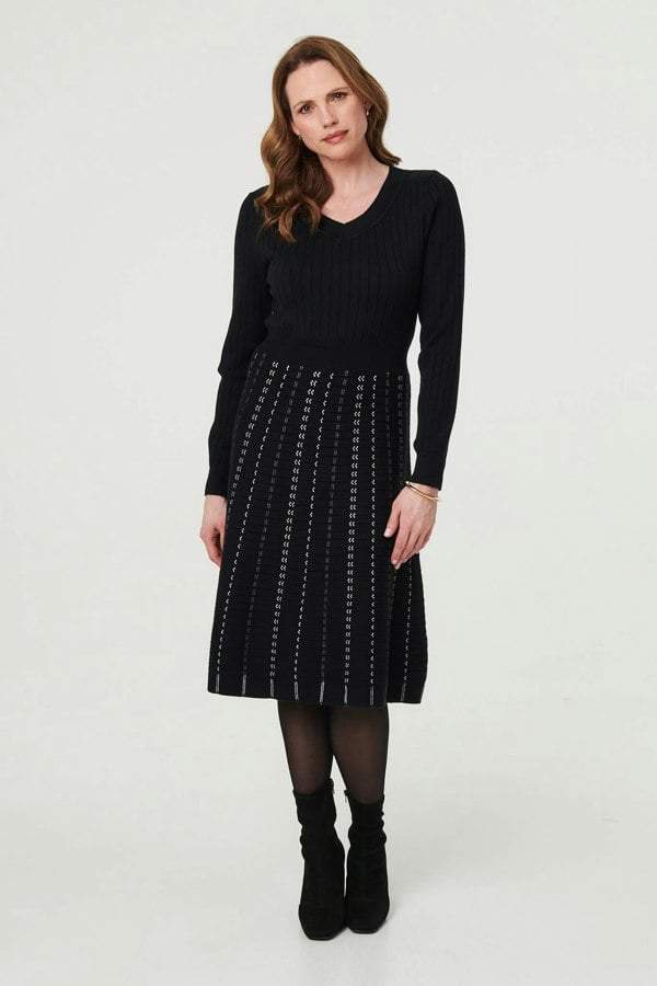 Black | Striped Long Sleeve Midi Knit Dress : Model is 5'9"/175 cm and wears UK10/EU38/US6/AUS10 