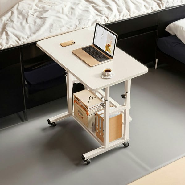 Living and Home 2-tier Height Adjustable Mobile Table Overbed Desk with Shelves Wheels