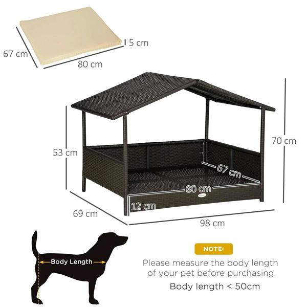Wicker dog house with canopy and cream cushion, dimension diagram of the pet bed