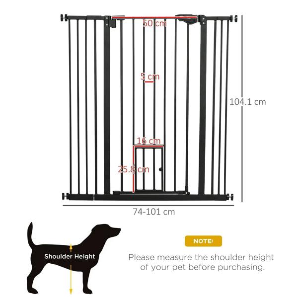 Black pet gate with vertical bars and small bottom cat flap door, shown with size marks