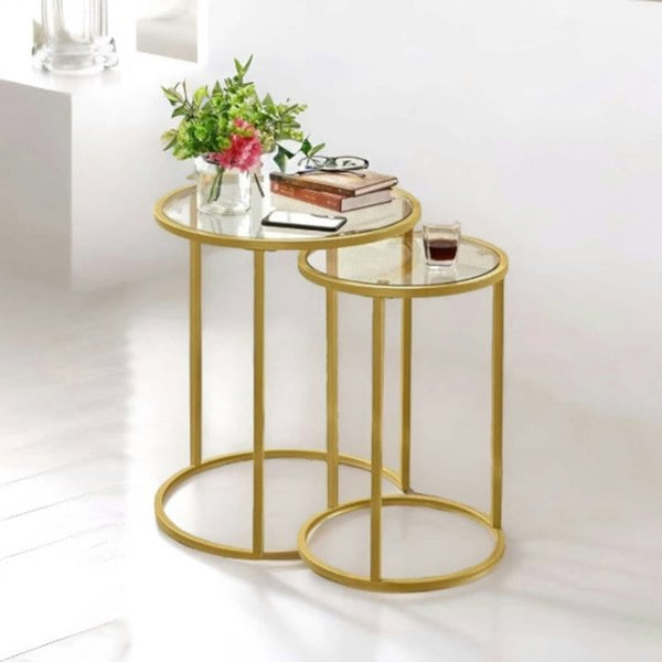 Rafaelo Mobilia Set Of 2 Round Gold Nesting Tables With Tempered Glass