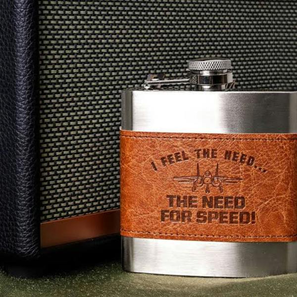 Widdop & Co Top Gun Stainless Steel 6oz Hip Flask with Faux Leather Sleeve Brown