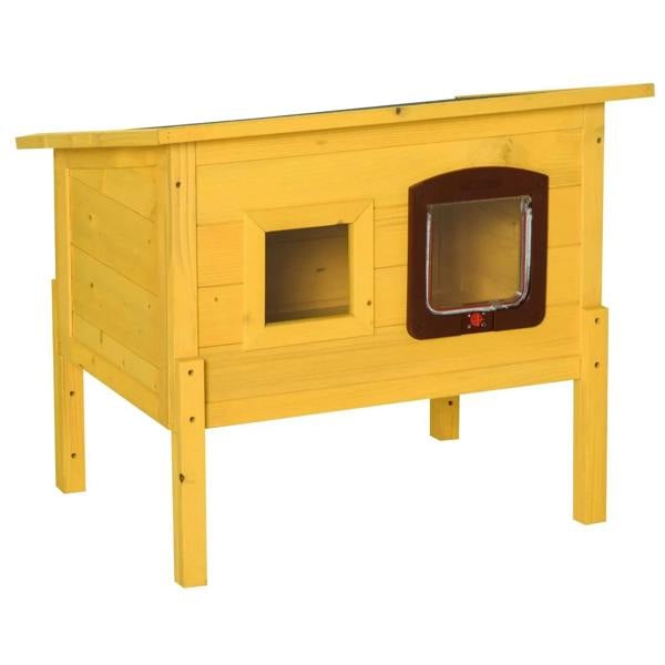 Yellow wooden cat house with front door and viewing window cutout