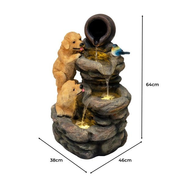 Canine Creek electric water feature with two playful golden retrievers and a bluebird, featuring a rustic stone design and flowing water