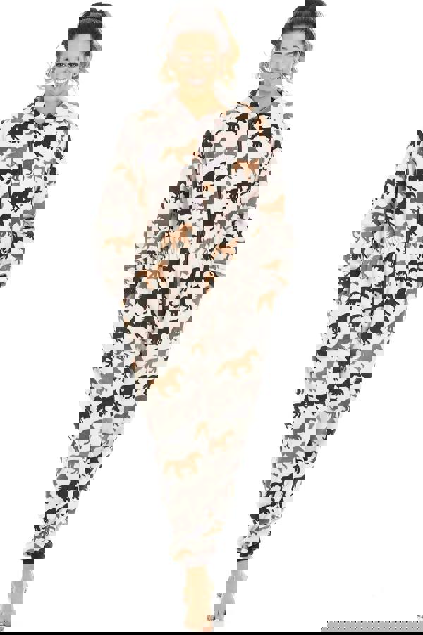 Camille Womens Supersoft Fleece Cream Horse Print All In One