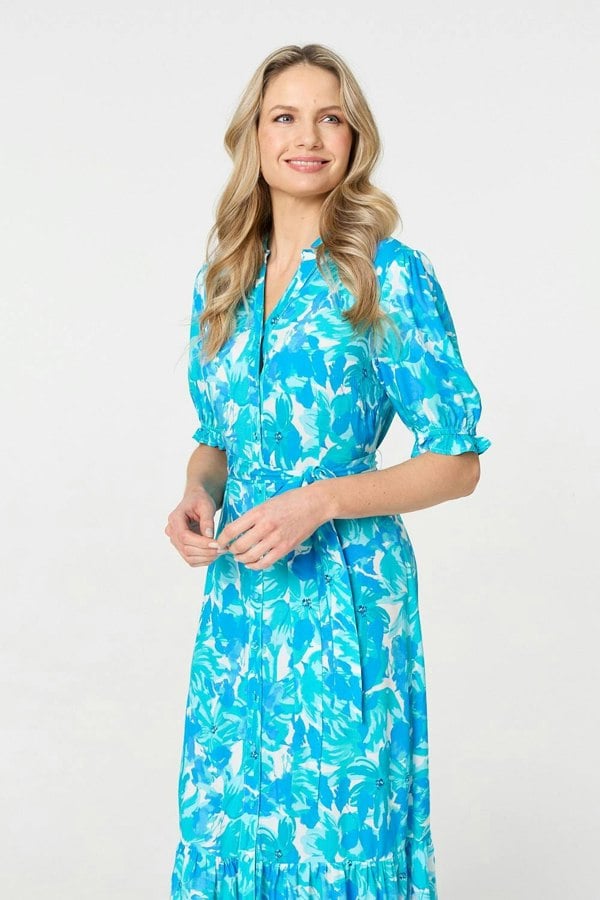 Blue | Printed 1/2 Puff Sleeve Tie Waist Maxi Dress
