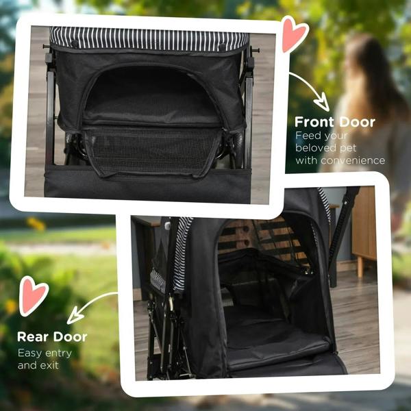 Black pet stroller with front and rear doors, open mesh panels and padded base