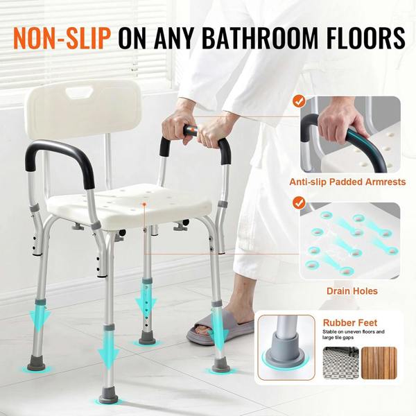 Havendro Shower Chair with Back & Armrests Adjustable Height 350lbs Bath Bench Stool