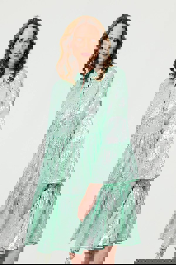 Light Green | Printed 3/4 Sleeve Tiered Short Dress
