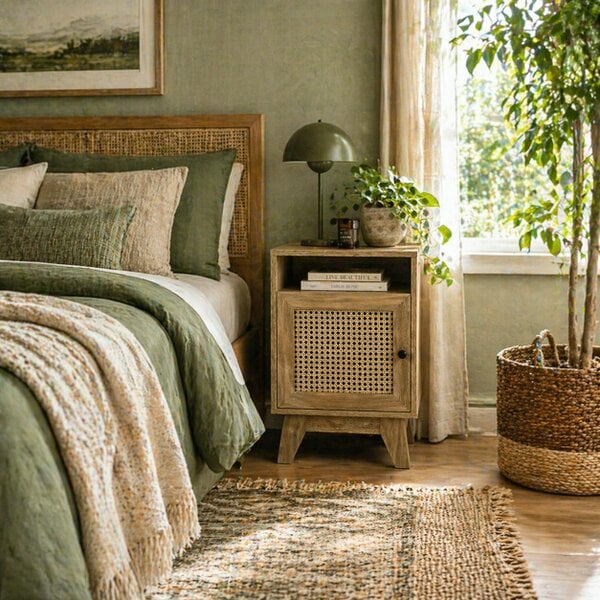 Wyld Haus Vini Raba Natural Wood Bedside Table With Rattan Drawer and Door
