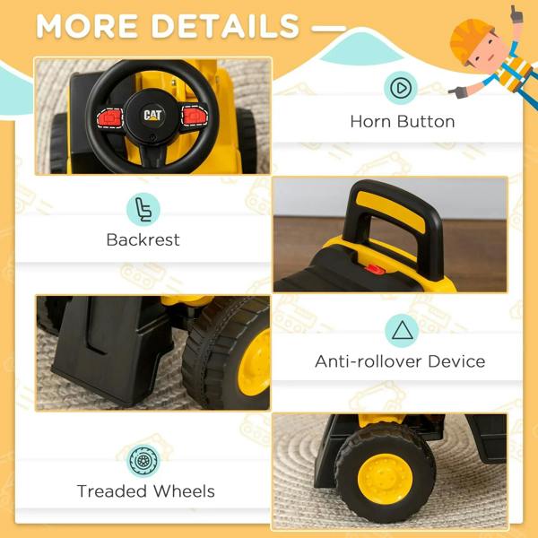 Yellow CAT ride-on digger toy with horn button, backrest, and treaded black wheels