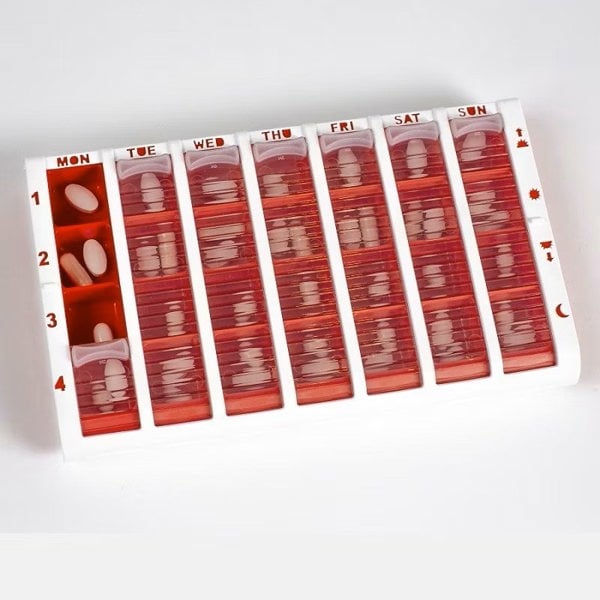 Pivotell Red Weekly Pill Organiser - 7 Day (28 compartments / 4 doses a Day) Pill Storage with an Innovative Easy to Open Roller Shutter
