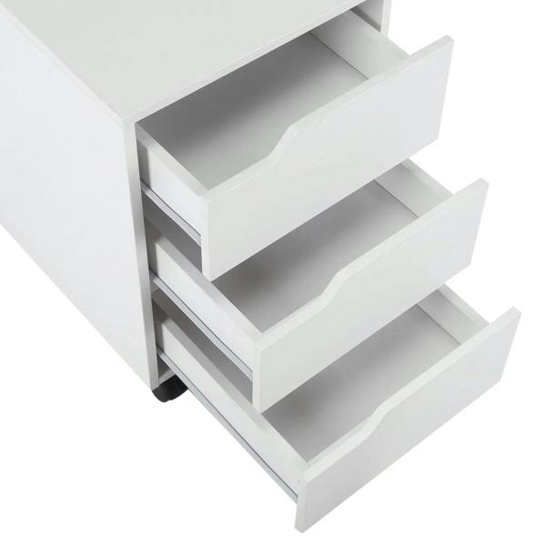 White cabinet with three drawers open, showing empty interior storage compartments