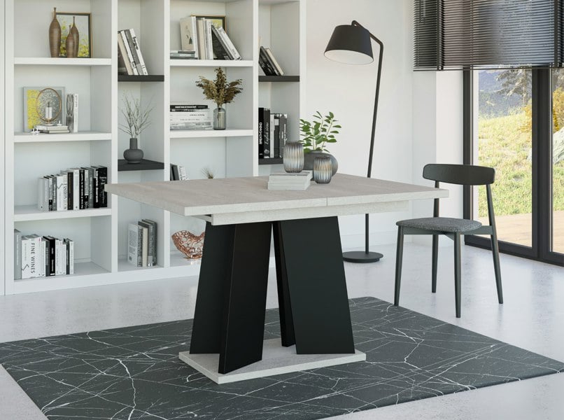 Modern extendable dining table 120 cm in concrete effect and black base – stylish and space-saving.