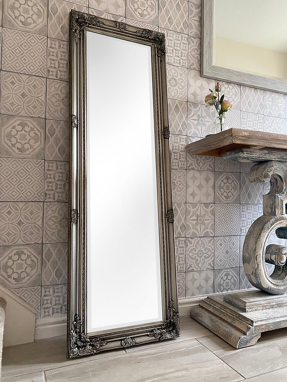Downton Interiors Antique Silver Tall Ornate Dressing Wall Mirror with Bevelled Glass 142cm