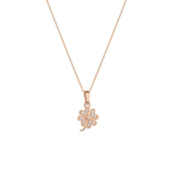A sterling silver necklace with a four leaf clover pendant in rose gold.