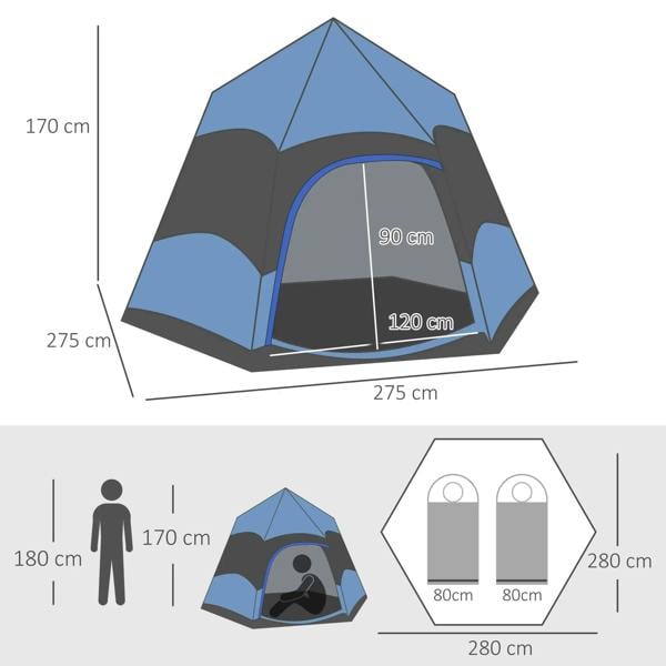 Blue and black hexagon camping tent with dimension markings and arched front entrance