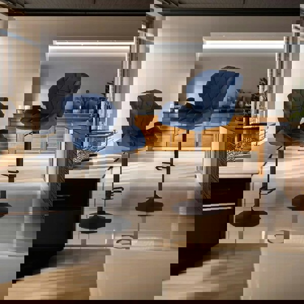 Modcraft Set of 2 Velvet Blue Bar Stools – Adjustable Swivel Dining Chairs with Footrest & Black Steel