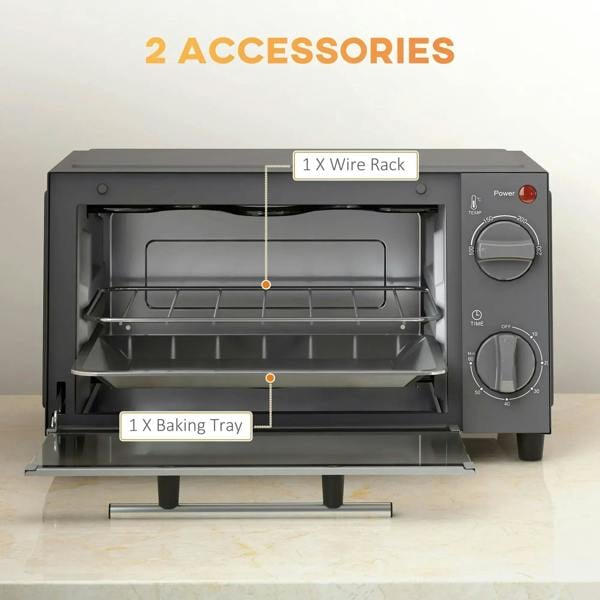 Grey mini oven door open with wire rack and baking tray accessories inside.