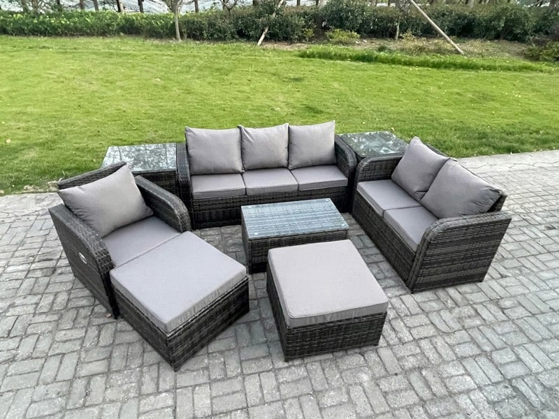 Fimous 8 Piece Rattan Outdoor Sofa Set - Rectangular Coffee Table, Loveseat, 2 Big Footstools & 2 Side Tables