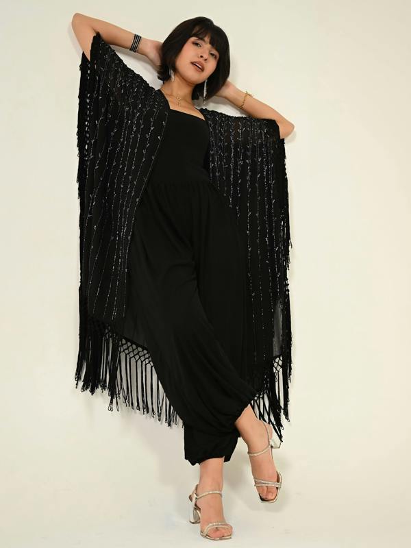 Rose & Nancy Fi Black Statement Hand Embellished Fringe Trim Kimono