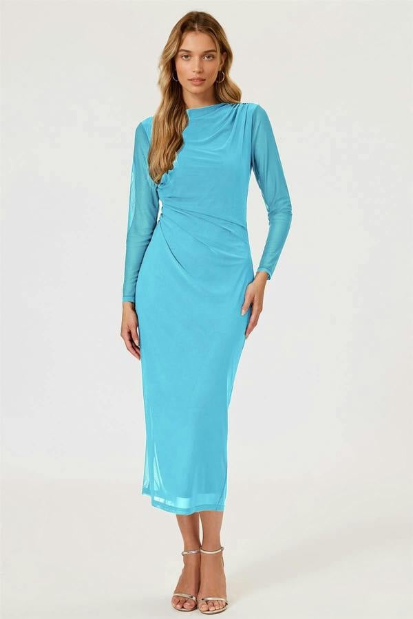 FS Collection Long Sleeves Mesh Midi Dress In Aqua