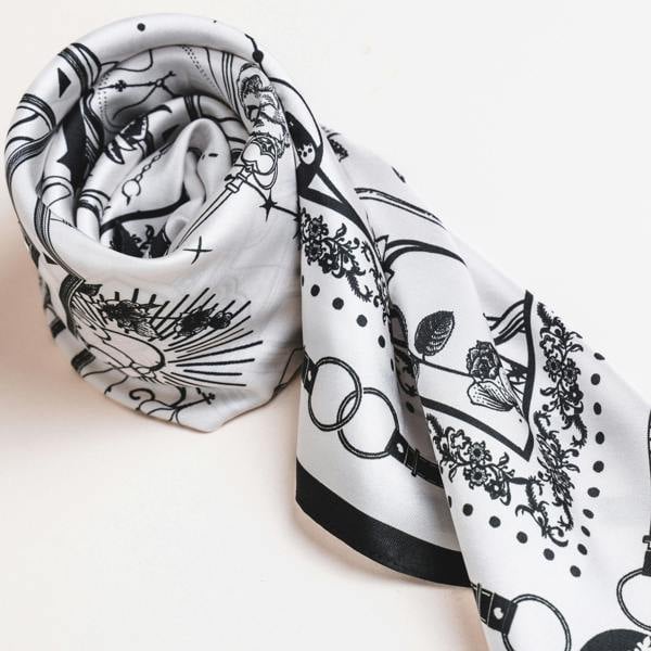Monochrome Nautical Twill Silk Scarf – Printed Mulberry Silk, Hand-Rolled Hem