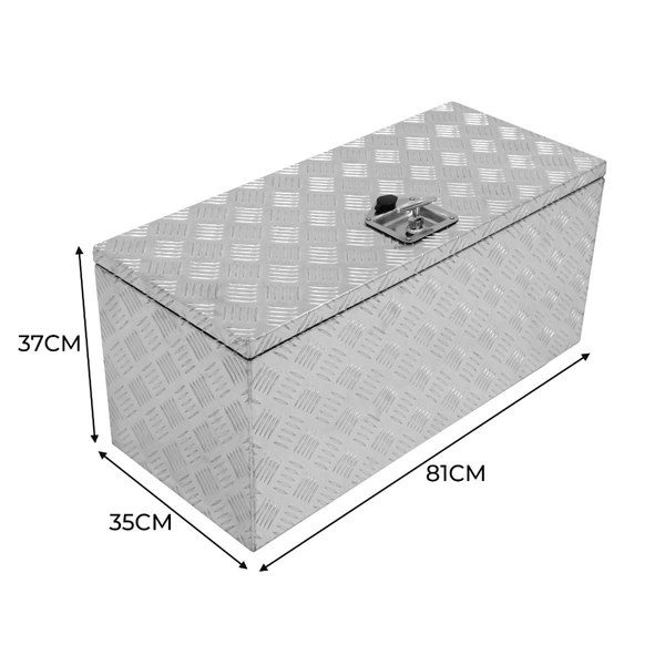 Extra large 102L aluminum tool box with a diamond plate texture, measuring 81cm x 35cm x 37cm, featuring a secure latch closure