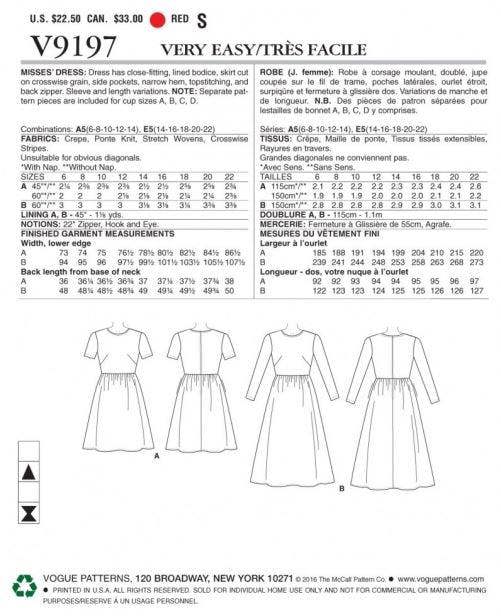 Vogue Sewing Pattern 9197, Dresses for Women, E5 (14-16-18-20-22) - Easy