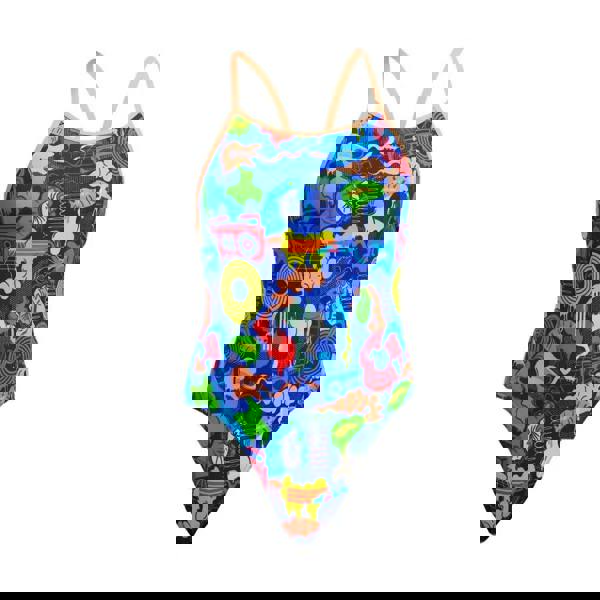 Funkita girls blues baby diamond back swimsuit in blue with colorful cartoon print