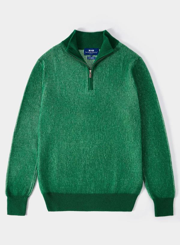 Cashmere Plaited Rib 1/4 Zip in Grass