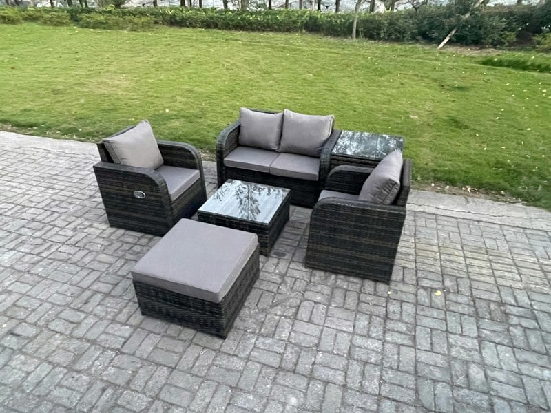 Fimous Wicker PE Rattan Garden Furniture Set Outdoor Lounge Sofa Set with Love Sofa Square Coffee Table Side Table Big Footstool Dark Grey Mixed
