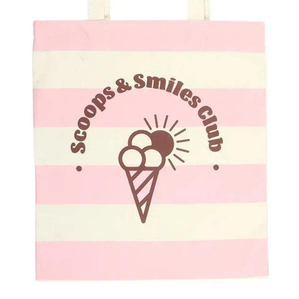Pink and white striped tote bag with close-up Scoops & Smiles graphic and handles