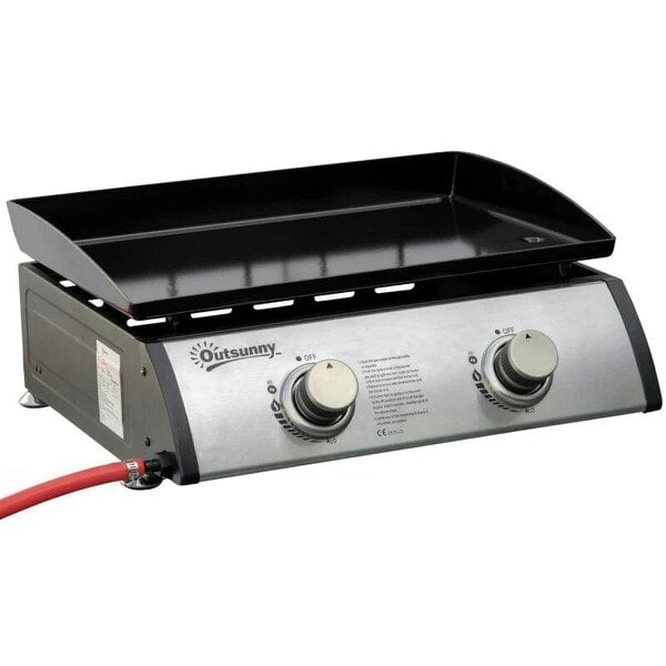 Bobobiy Gas Plancha Barbecue Grill with 2 Stainless Steel Burner, 5kW, Portable Tabletop Gas BBQ with Non-Stick Griddle for Camping Picnic Garden